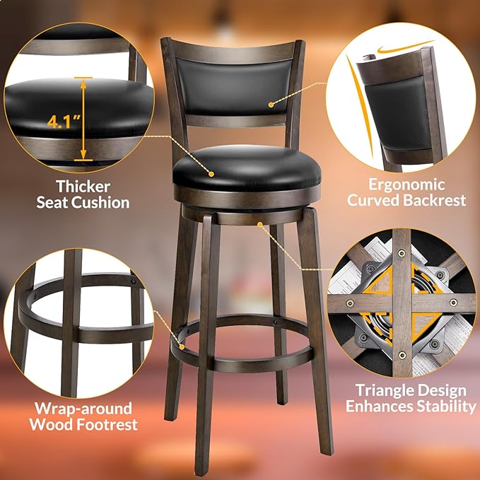 PrimeZone Swivel Bar Stools Set of 6, 32 Inch Tall Bar Height Barstools, Black Faux Leather Bar Stool with High Backrest & Solid Wood Legs & Wrap-Around Footrest, Counter Stools for Pub