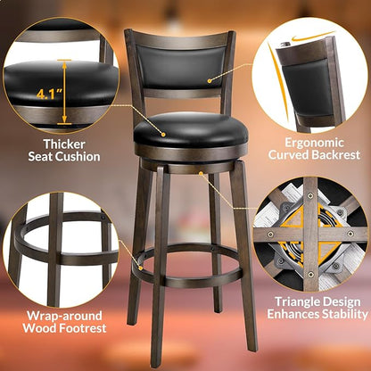 PrimeZone Swivel Bar Stools Set of 8, 32 Inch Tall Bar Height Barstools, Black Faux Leather Bar Stool with High Backrest & Solid Wood Legs & Wrap-Around Footrest, Counter Stools for Pub