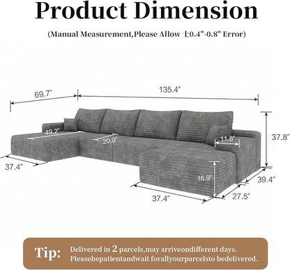 135.4" Large Cloud Modular Sectional Couch with Ottoman, Minimalist Upholstered Couches, Comfort U Shaped Sofa for Living Room,Deep Seat Corner Couch，No Assembly Required (Grey,Left Facing Chaise)