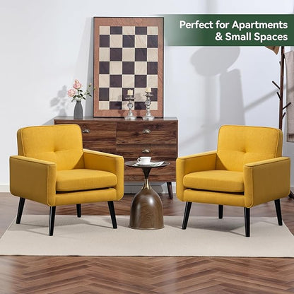 Accent Chair Set of 2, Fabric Modern Chair with Wooden Frame, Cozy Armchair Reading Chair with Comfy Back for Apartment, Living Room, Bedroom, Waiting Room, Small Space, Corner, Yellow
