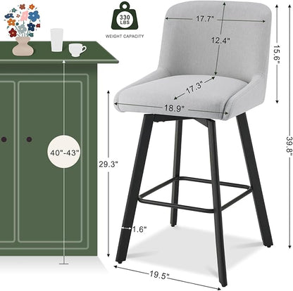 Swivel Bar Stools Set of 2, 30''H Upholstered Barstools with Backs, Modern Counter Height Bar Stool Chairs for Kitchen Island, Metal Legs, Fabric, Light Gray Counter Stools