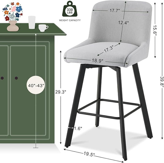 Swivel Bar Stools Set of 3, 30''H Upholstered Barstools with Backs, Modern Counter Height Bar Stool Chairs for Kitchen Island, Metal Legs, Fabric, Light Gray Counter Stools