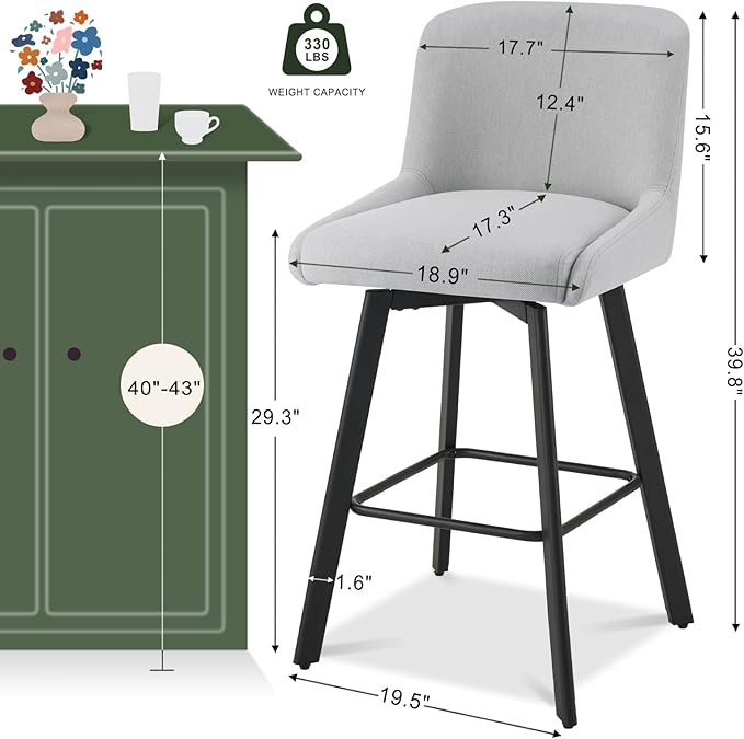 Swivel Bar Stools Set of 4, 30''H Upholstered Barstools with Backs, Modern Counter Height Bar Stool Chairs for Kitchen Island, Metal Legs, Fabric, Light Gray Counter Stools
