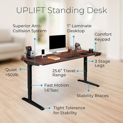 UPLIFTDESK V2 2-Leg Walnut Laminate Wood Standing Desk – Adjustable Height, Advanced 1-Touch Memory Keypad, Under Desk Cable Management, Wire Grommets & Rocker Board (Black C-Frame, 72 x 30 inch)