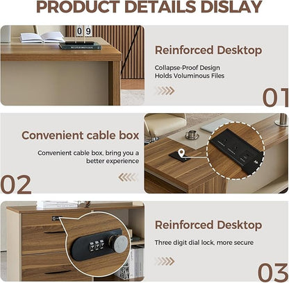 Modern L Shape Executive Desk with Drawers and Lockable Storage Cabinet, Large Executive Office Desk with Cable Management (Champagne Wood Grain+Beige/Left,79" L*63" W*30" H)