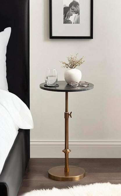 Kate and Laurel Engles Traditional Adjustable-Height Pedestal Side Table, 14 x 14 x 30, Black Marble and Antique Brass, Vintage Round End Table for Use as Indoor Plant Stand with Authentic Marble Top