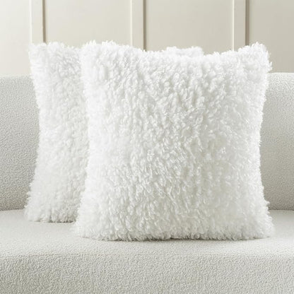 FUTEI Cream White Decorative Throw Pillow Covers 22x22 Inch Set of 2,Soft Fluffy Faux Wool Fur Boucle Textured Cushion Case,Modern Home Decor for Couch Bed Living Room Office