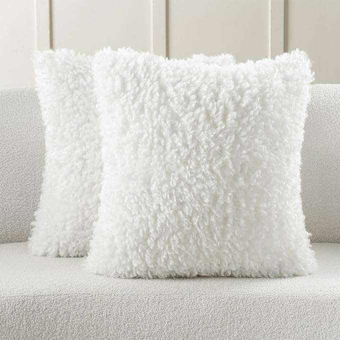 FUTEI Cream White Decorative Throw Pillow Covers 26x26 Inch Set of 2,Soft Fluffy Faux Wool Fur Boucle Textured Euro Pillow Shams,Modern Home Decor for Couch Bed Living Room Office