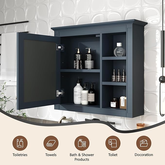 Bathroom Wall Cabinet with Mirror, 30'' x 28'' Medicine Cabinet with Mirror Door and Adjustable Shelves, Over Toilet Storage Cabinet, Wall-Mounted Bathroom Mirrors for Over Sink with Storage