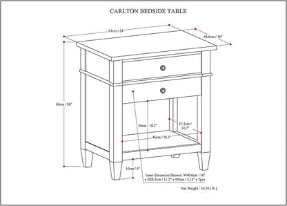 SIMPLIHOME Carlton Bedside Table - 24 inch Wide Solid Wood Nightstand Table in Light Golden Brown, Transitional Bedroom Side or End Table with 2 Drawers, Open Storage Shelf and Bronze Hardware