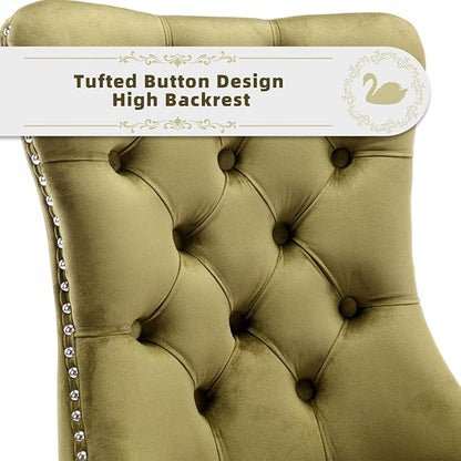 Velvet Upholstered Dining Chairs Set of 6, Modern Style Kitchen Side Chairs with Nailhead Trim and Wood Legs,Metal Pulling Ring for Dining Room Living Room(Olive Green,Set of 6)