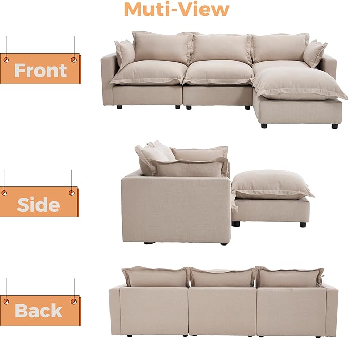 chairus 97" Modular Sectional Sofa with Moveable Ottoman Upholstered Deep Seat Linen Couch Set with Soft Pillows L-Shape Sofa Couch for Living Room, Apartment, Reception Room, 3-Seater/Oatmeal