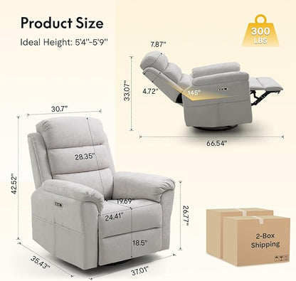 FLEXISPOT XRC6-Pro Nursery Power Glider Recliner w/Adjustable Headrest, 270° Swivel Rocker Recliner for Nursery w/Massage & Heat, Water & Stain Resistant Ribbed Chenille, FSC Certified, Light Grey