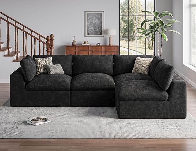 120" Cloud Sectional Couch | Oversize Boneless Couches for Living Room | 4 Seater Modern L-Shape Sofa | Black