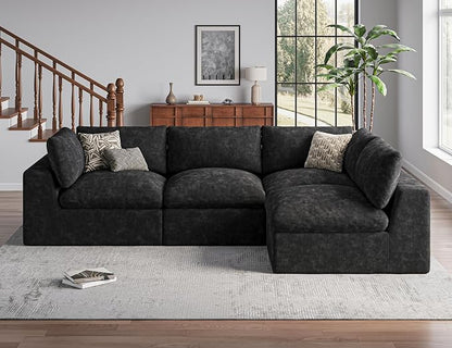 120" Cloud Sectional Couch | Oversize Boneless Couches for Living Room | 4 Seater Modern L-Shape Sofa | Black