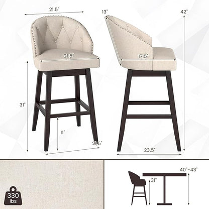 COSTWAY Bar Stools Set of 2, 31’’ Swivel Bar Stools with Rubber Wood Legs & Padded Back, Breathable Linen Fabric, Stylish Tufted Design & Rivet Decoration, Adjustable Foot Pads (2, Beige + Brown)