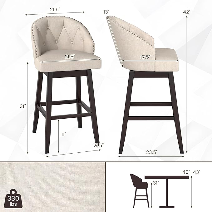 COSTWAY Bar Stools Set of 4, 31’’ Swivel Bar Stools with Rubber Wood Legs & Padded Back, Breathable Linen Fabric, Stylish Tufted Design & Rivet Decoration, Adjustable Foot Pads (4, Beige + Brown)