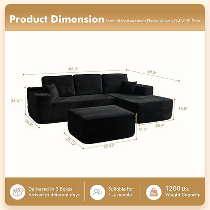 106" Cloud Sectional Couch with L-Shape Chaise & Ottoman, No Assembly Modular Sofa, Deep Seat Plush Corduroy Boneless Couched for Living Room (Black Plush Corduroy, Right Facing Chaise with Ottoman)