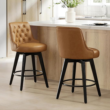 Watson & Whitely Counter Height Bar Stools, Faux Leather Upholstered Modern Swivel Barstool with Back, Solid Wood Legs, 26" H Seat, Cognac
