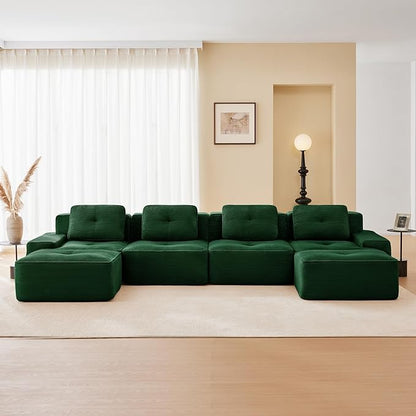 150.4” Green Boneless Couches for Living Room, Modular Sectional Sofa with U-Shape Chaise, 4 Seater Comfy Upholstered Deep Seat Corduroy Fabric Cloud Couch No Assembly, Anti-Slip Design