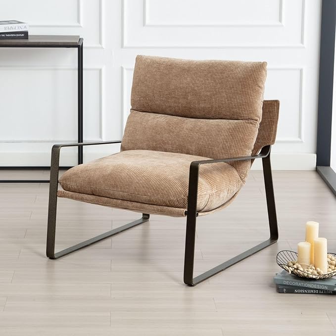 LukeAlon Modern Chenille Accent Armchairs Set of 2, Upholstered Lounge Chairs with Brass Metal Frame Thickened Cushion Single Sofa Chair Comfy Leisure Chair for Bedroom Living Room, Khaki