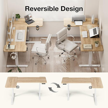 71" Reversible L-Shaped Electric Standing Desk Adjustable Height Gaming Stand Up Corner Desk Sit Stand Home Office Computer Desk with Splice Board, Basswood