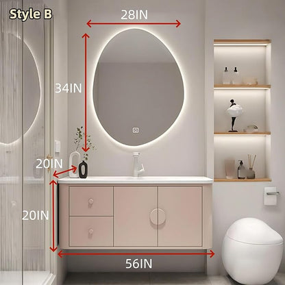 56IN Pink Modern Bathroom Vanity - Bathroom Vanities Set with 2 Drawers Wall Mounted | Rounded Corner Smart Defogging Mirror Cabinet with Lighting & Time Display, Side Opening Storage Shelf (Style B)