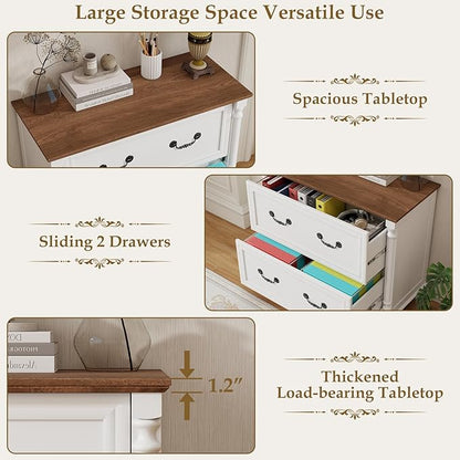 Lateral File Cabinet 2 Drawers Farmhouse File Cabinet for Letter/A4/Legal Size Hanging Files, Large Rustic White File Storage Cabinets Printer Stand with 4 Solid Wood Feet &Column Decor for Office
