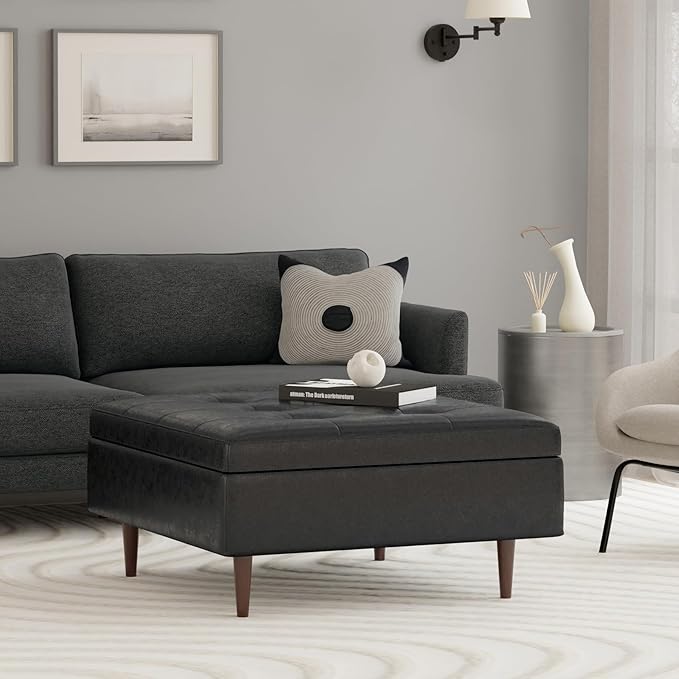 SIMPLIHOME Shay 38 inch Wide Mid Century Modern Large Square Coffee Table Storage Ottoman in Distressed Black Vegan Faux Leather, Assembled, for The Living Room and Entryway
