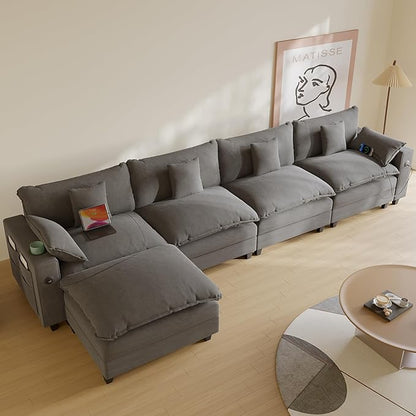 Modular Sectional Sofa, Cloud Couch with Ottoman, Charging Station, Throw Pillows, Cup Holders, Modern Convertible L Shaped Couches for Living Room, Bedroom (Grey, 152"- L Shape)