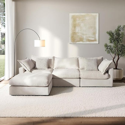 118.5" Down Filled Cloud Couch, Chenille Modular Sectional Sofa with Storage Ottoman, 3-Seater L Shape Sofa with Throw Pillows, Mordern Sectional Couches for Living Room, Beige