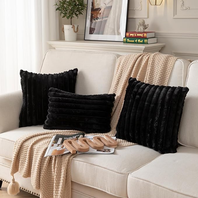 DEELAND Pack of 2,Double-Sided Faux Fur Plush Decorative Throw Pillow Covers Fuzzy Striped Soft Pillowcase Cushion Covers for Sofa Couch Bedroom Black 16x16 inch