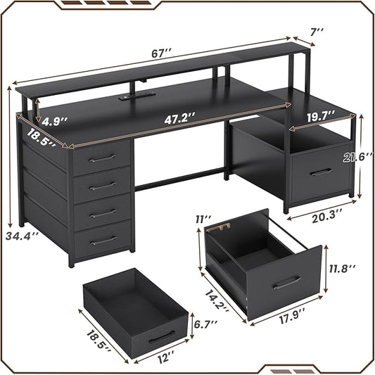 SEDETA Computer Desk with 5 Drawer, Power Outlet & Led Lights, 66'' Home Office Desk with File Drawer, Storage, Monitor Shelf, Gaming Desk, Black