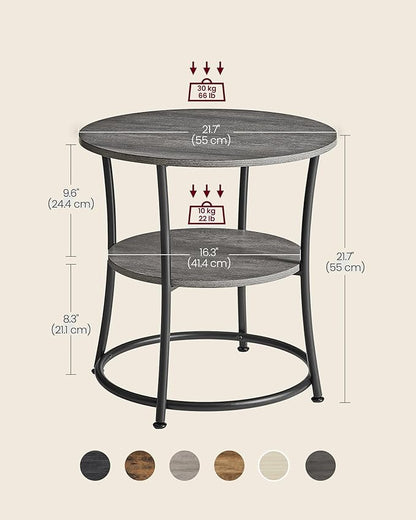 VASAGLE Side Table, 2-Tier Round End Table, Nightstand with Steel Frame for Small Spaces, Living Room, Bedroom, Misty Gray and Ink Black