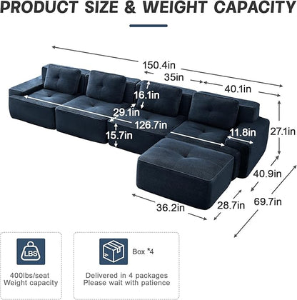 150.4” Blue Boneless Couches for Living Room, Modular Sectional Sofa with L-Shape Chaise, 4 Seater Comfy Upholstered Deep Seat Corduroy Fabric Cloud Couch No Assembly, Anti-Slip Design