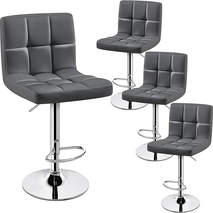 Yaheetech Bar Stools Set of 4, Adjustable Swivel Barstools with High Backrest, PU Leather Kitchen Island Chairs, Thickened Seat Cushion Counter Height Barstools, Grey