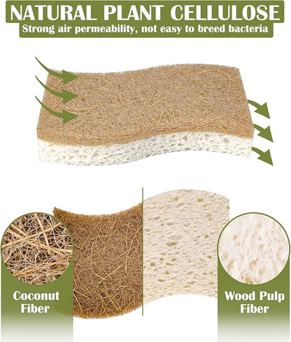 14Pack Natural Kitchen Sponge, Eco-Friendly Dish Sponge for Kitchen - Biodegradable Cellulose and Coconut Scrubber - Household Cleaning Sponge for Dishes, White