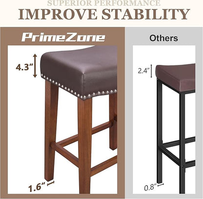 PrimeZone Counter Height Bar Stools Set of 6 - Backless Saddle Barstools with 4.3" Thick Upholstered, Nailhead Trim Faux Leather & Solid Wood Legs, 26 Inch Counter Stools for Kitchen Island, Brown
