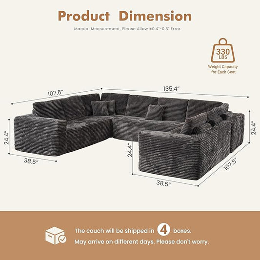 Weaxty Boneless Sectional Couch, Oversized U Shaped Modular Cloud Couches, Plush Corduroy Memory Foam Deep Seat Floor Sofa, No Assembly Required，Gray