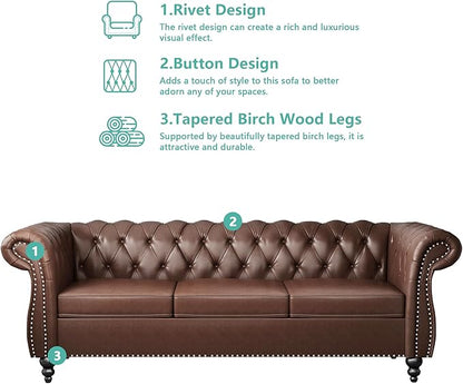 Home Sofa Living Room Furniture, 3 Seater Leather Upholstered Sofa Couch, Modern Comfy Couch with Faux Leather Cushions, Mid Century Tufted Chesterfield Sofas for Bedroom, Office, Apartment (Brown)