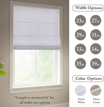 Madison Park Galen Matte White Cordless Roman Shades - Fabric Privacy Single Panel Darkening, Energy Efficient, Thermal Insulated Window Blind Treatment, for Home, Living Room Decor, 35" W x 64" H