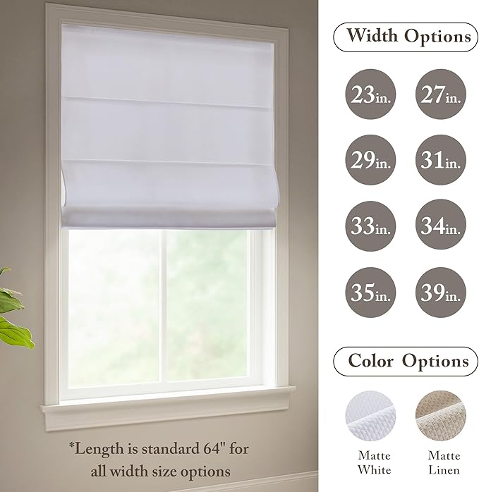 Madison Park Galen Matte White Cordless Roman Shades - Fabric Privacy Single Panel Darkening, Energy Efficient, Thermal Insulated Window Blind Treatment, for Home, Living Room Decor, 31" W x 64" H