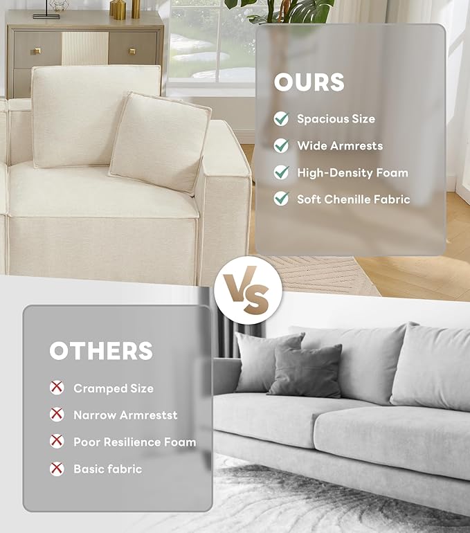WILLOVE Modular Sectional Sofa Set, Chenille Cloud Couch with Wide Armrests & 8 Pillows, Deep Seat Couches for Living Room, 6-Seater Beige