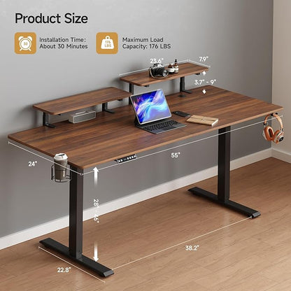 ONBRILL Standing Desk with 2 Adjustable Monitor Shelves, 55 x 24 Inches Electric Stand Up Desk with Memory Controller and Adjustable Height from 28-46 inches for Computer Workstations, Walnut