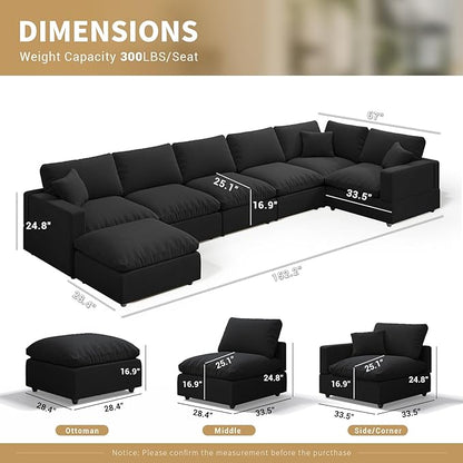 Modern Sectional Linen Couch for Living Room V-Shape Sofas,7 Seat Modular Cloud Sofas,Couches Cushion Covers Removable,Cozy Feather Down Sofa for Apartment Black