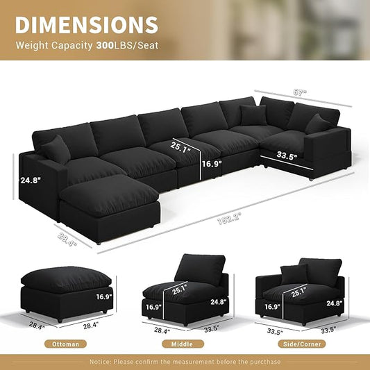 Modern Sectional Linen Couch for Living Room V-Shape Sofas,7 Seat Modular Cloud Sofas,Couches Cushion Covers Removable,Cozy Feather Down Sofa for Apartment Black