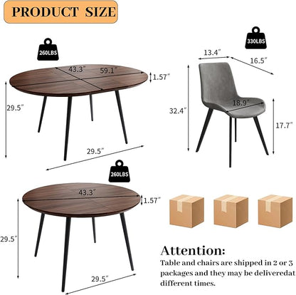 43.3"-59.1" Extendable Round Dining Table Set of 6, Mid Century Wooden Round Kitchen Table, Coffee Table for 4-6 Person,6 Gray PU Leather Chair