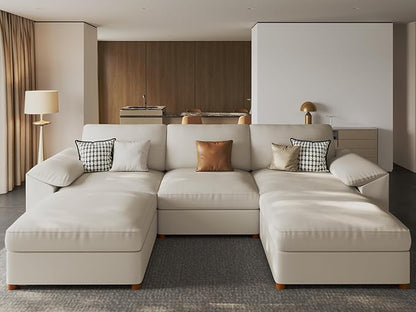 EASE MOOSE Oversized Modular Sectional Sofa,Leather Sectional Couch with Deep Seat,Extra Large U Shaped Couch,Faux Leather Material Sofa Modern Comfy Scratch Resistant,Beige