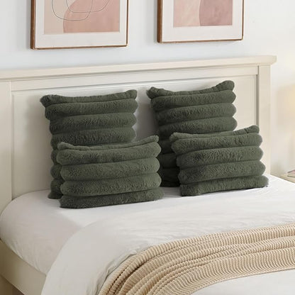 FUTEI Olive Green Decorative Throw Pillow Covers 16x16 Inch Set of 2, Square Soft Faux Rabbit Fur Big Striped Cushion Cover,Home Decor for Couch Sofa Bed Living Room
