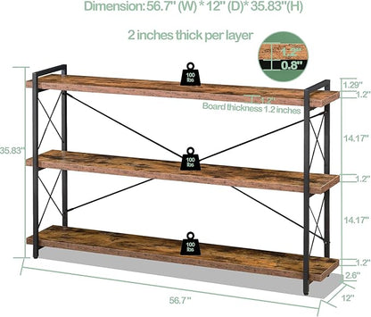 HCHQHS Bookshelf, 3-Tier Long Industrial Bookcase, Rustic Open Book Shelf, Freestanding Horizontal Bookshelves with Metal Frame